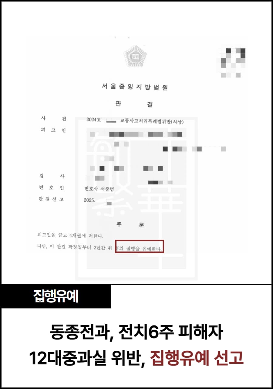 동종전과, 전치6주, 12대중과실 사고, 집행유예 선고 사례