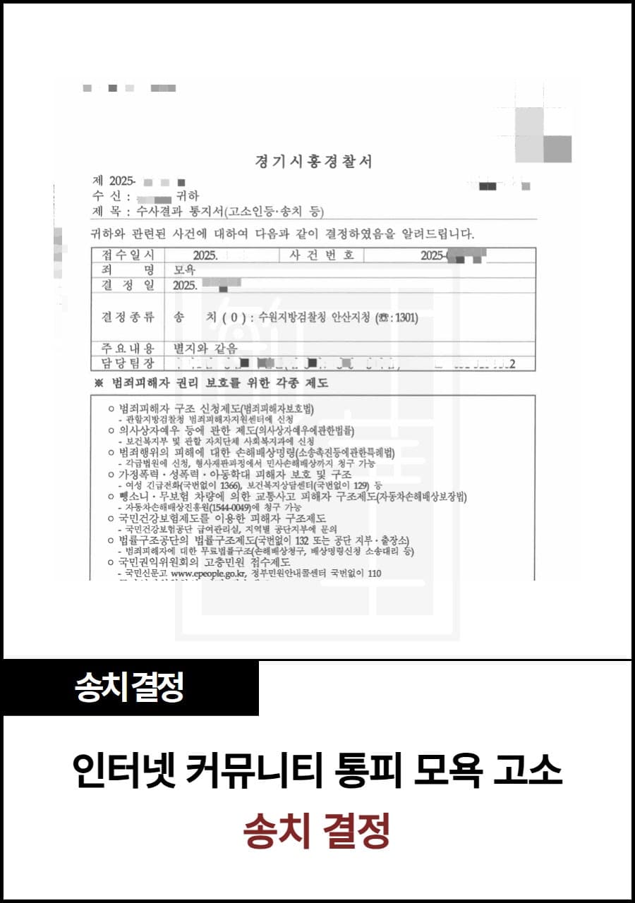 통피 모욕 고소, 송치 결정 사례