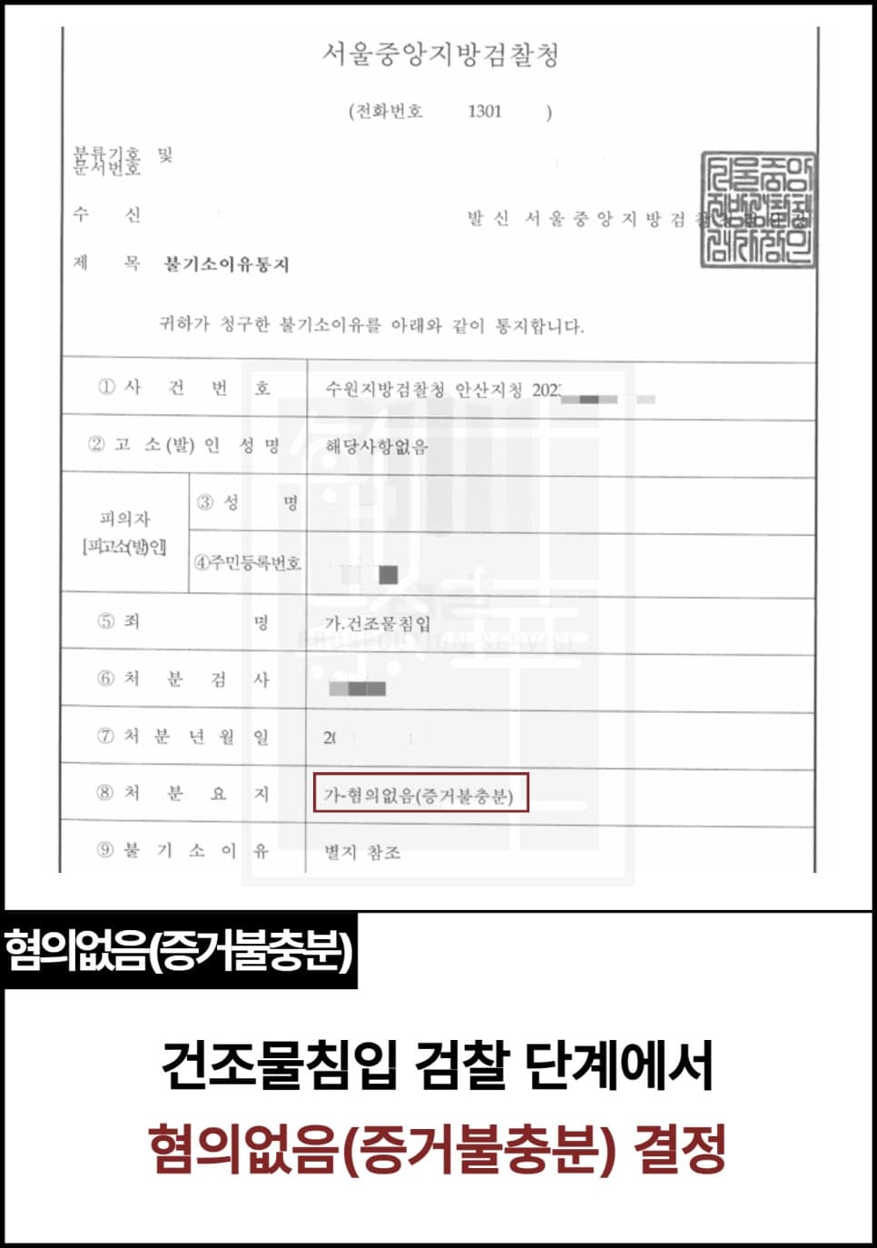 상가 화장실 건조물침입, 혐의없음 사례