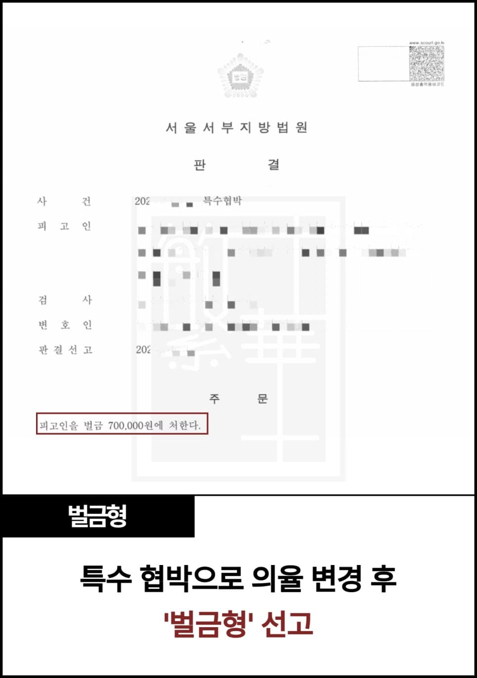 특수공갈미수에서 특수협박 의율, 벌금형 사례