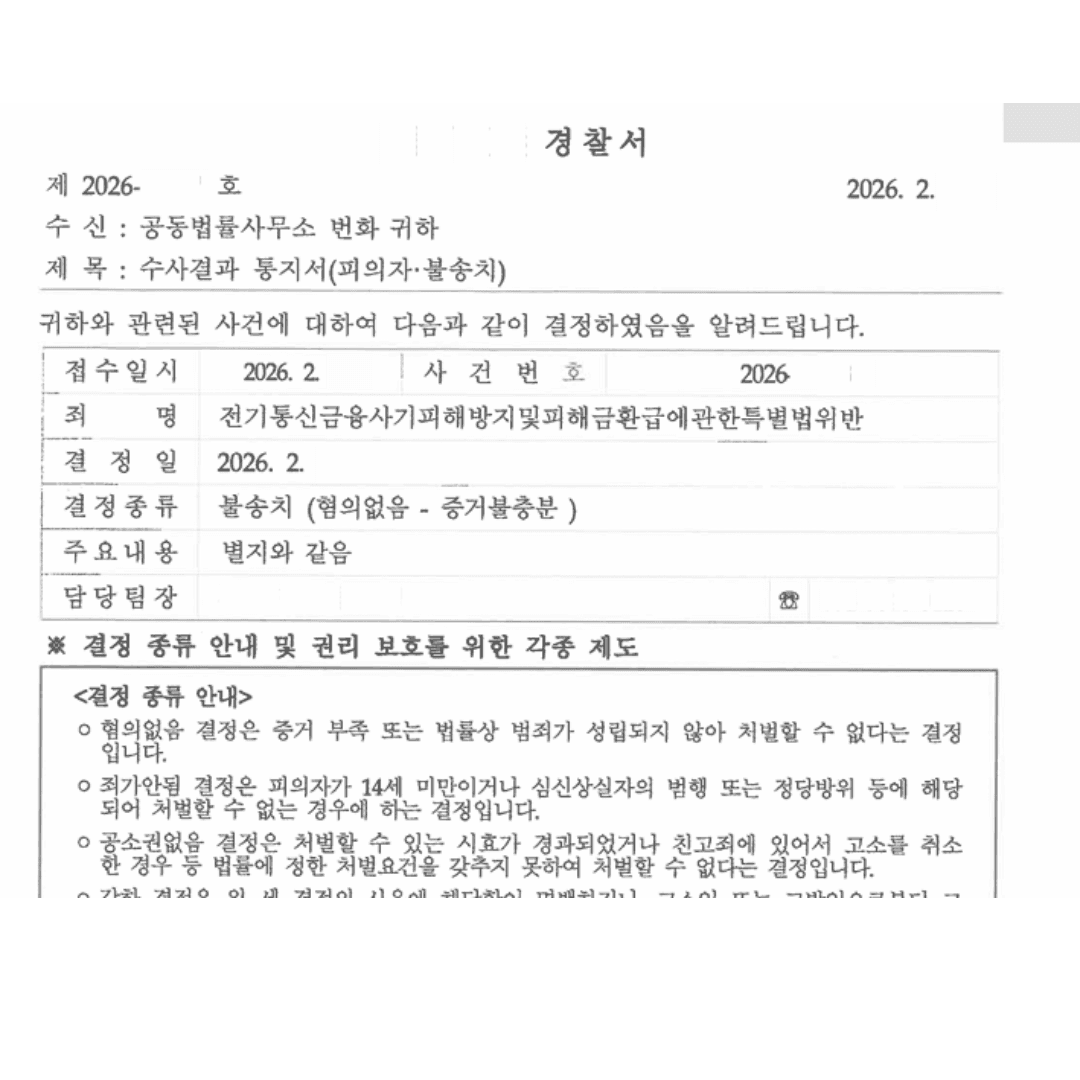 외국인의 통신사기피해환급법 위반 혐의없음 불송치 결정 사례 (보이스피싱)