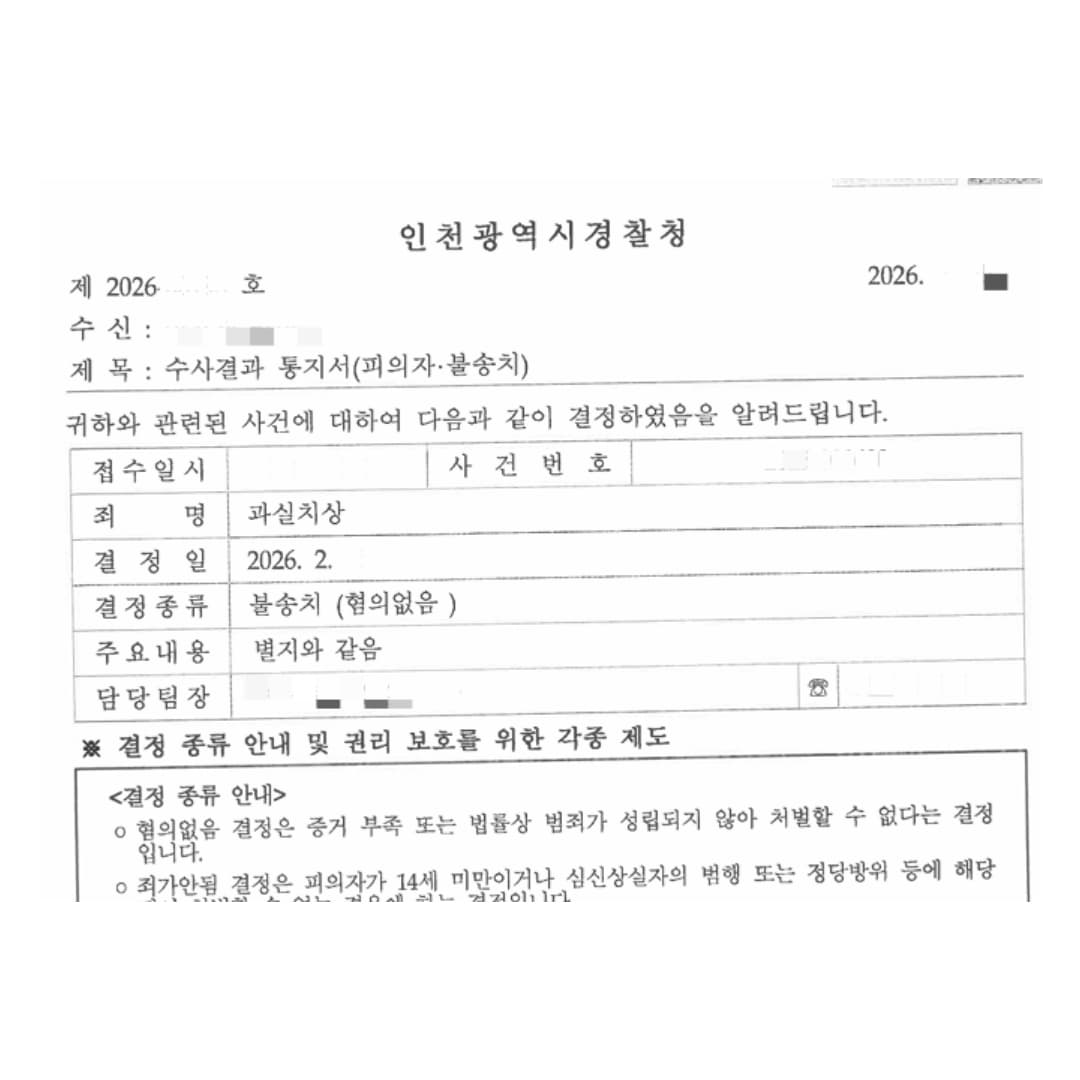 공공장소에서 사람을 가방으로 치게 되어 고소당한 과실치상 무혐의 사례
